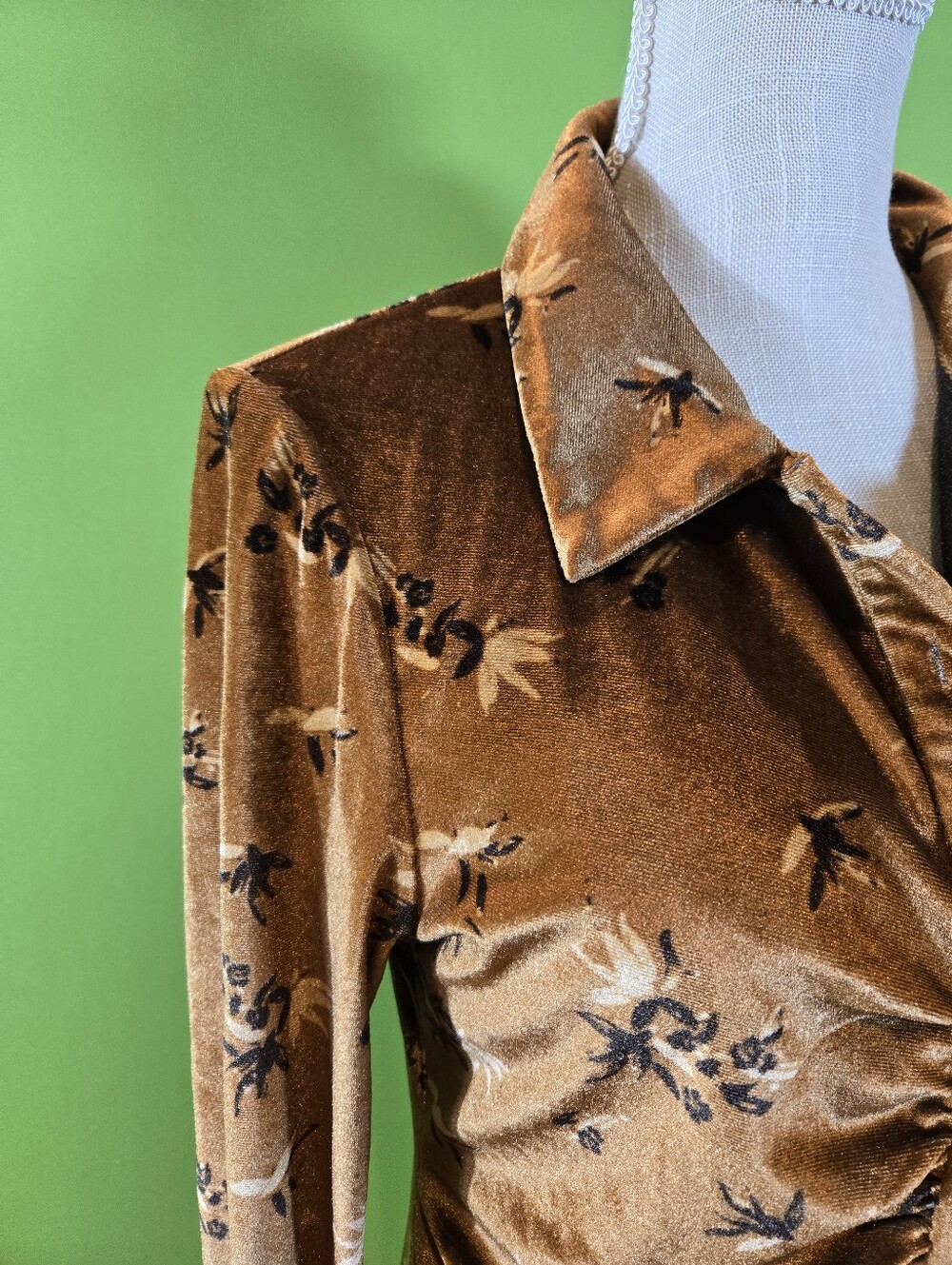 House of Harlow 1960 Velvet Ruched Mini Dress Brown Floral Long Sleeve MEDIUM - Picture 4 of 11